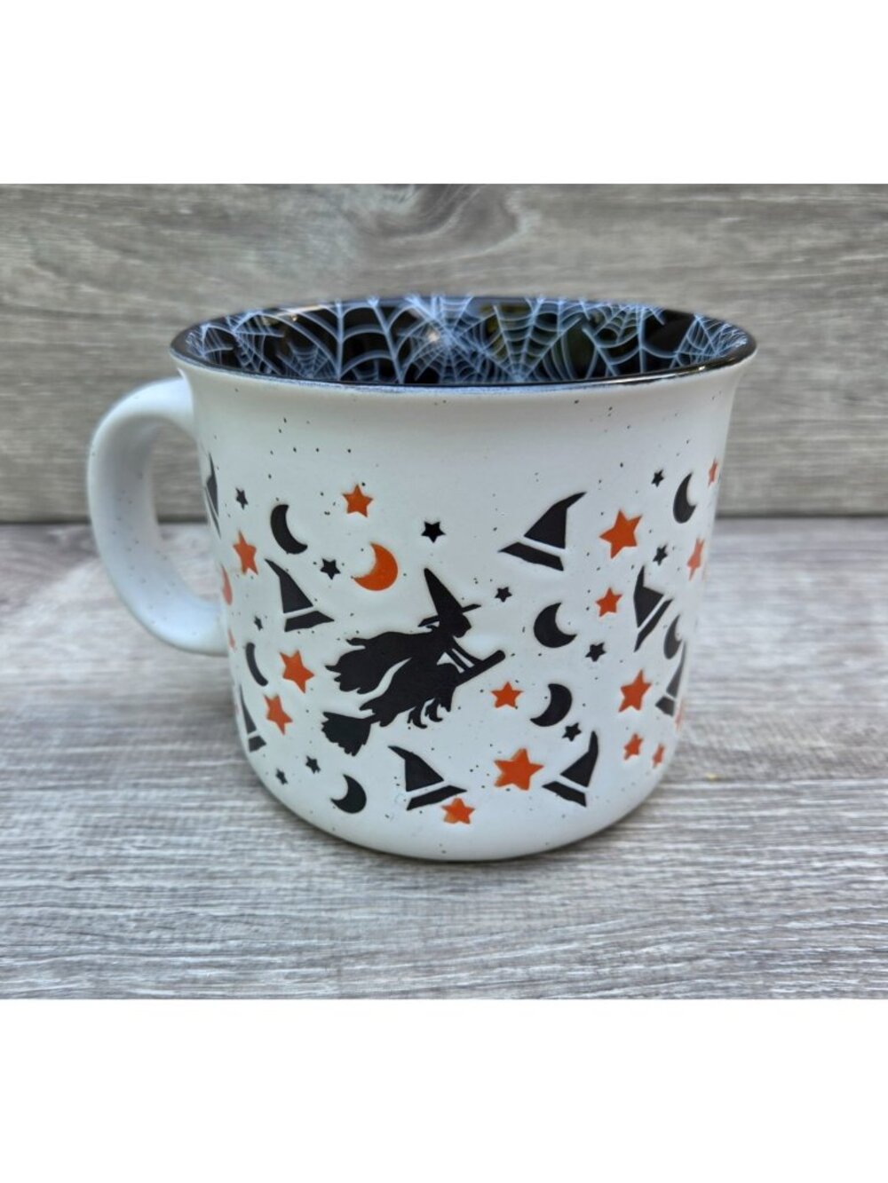 Halloween Witch Mug 23oz White Ceramic w/Spider Web Interior Cobwebs & Cauldrons